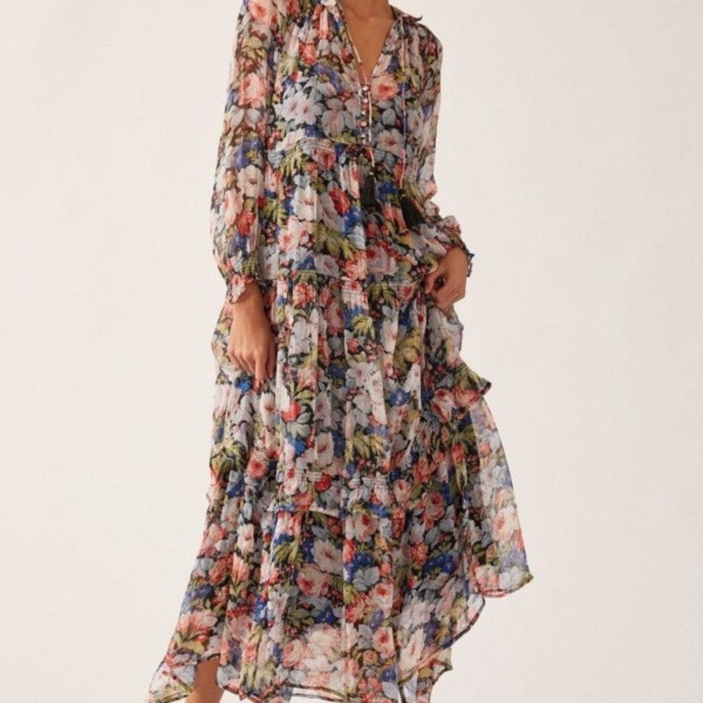 Anthropologie Floral Maxi Dress with Pink and Green Accents